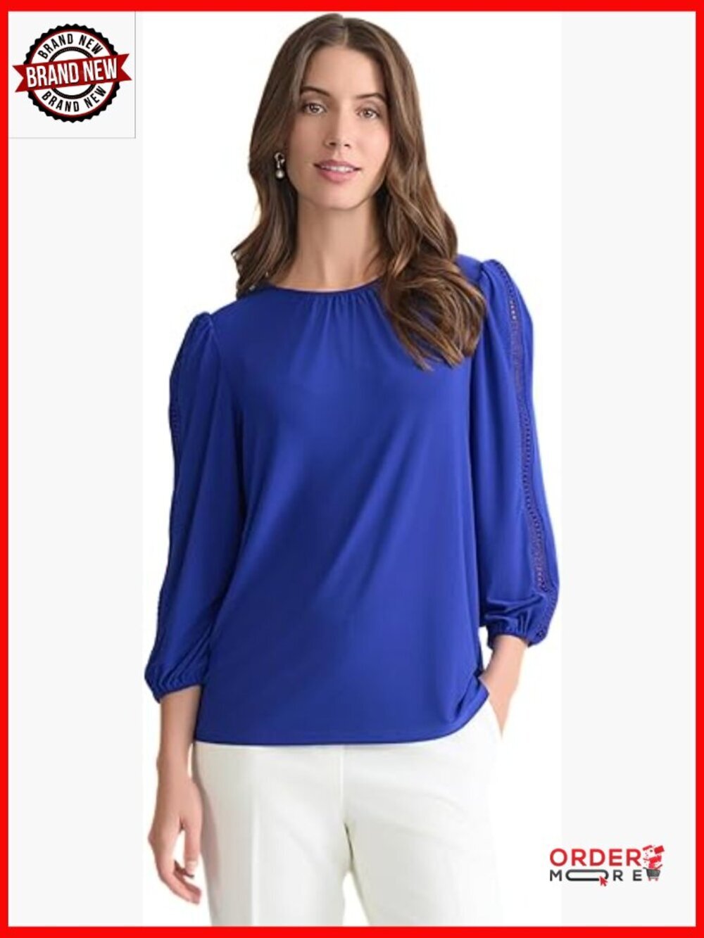 3/4 Sleeve Flowy Lace Trim Top - Petite